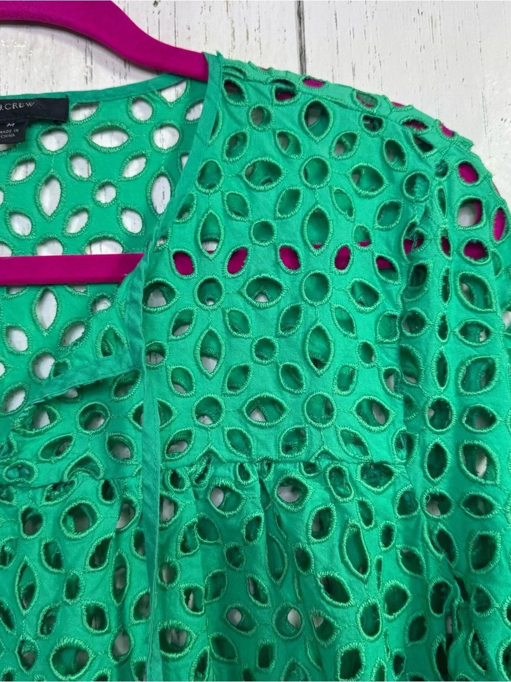 J.Crew Green Eyelet Lace Boho Peasant Blouse Cottagecore Resort Coastal Top M - Picture 4 of 13